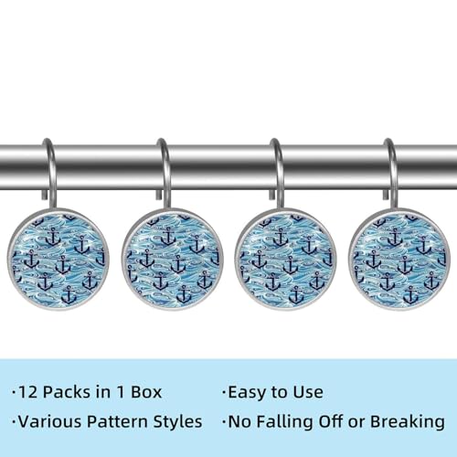 Rideau de douche bleu crochets inox pour tringle moderne