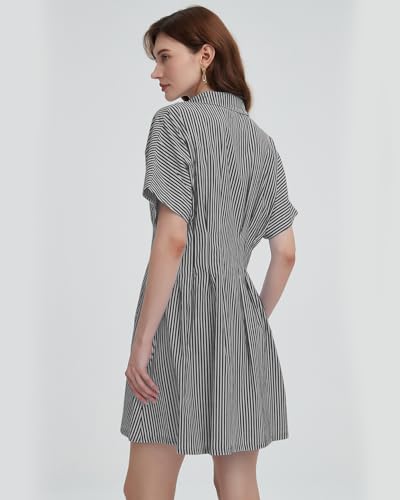 Women's Button Down Pleated Shirt Dress Short Sleeve Corset Waist Striped Summer Causal Mini Dresses4