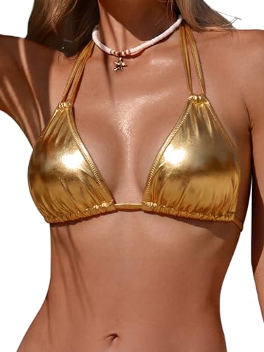 Womens Metallic Triangle Halter Gold Bikini Tops Shiny Dual Straps Bralette Bra Cute String Bathing Suit Swimsuit Swimwear Top(Gold M)