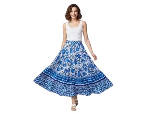 Women's Jaipuri Cotton Printed Long Skirt Blue-PAN-Patti-Skirt-image-23