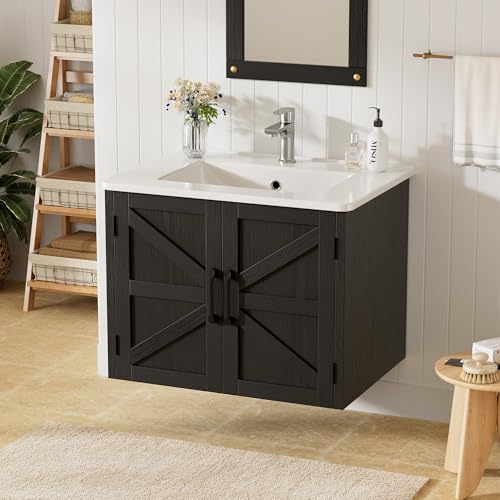 Maupvit 24" Floating Bathroom Vanity with Sink, Farmhouse Bathroom Vanities with Ceramic Sink & 2 Cabinets, Wall Mounted Bathroom Sink Cabinet with Adjustable Shelf, No Faucet (Black)