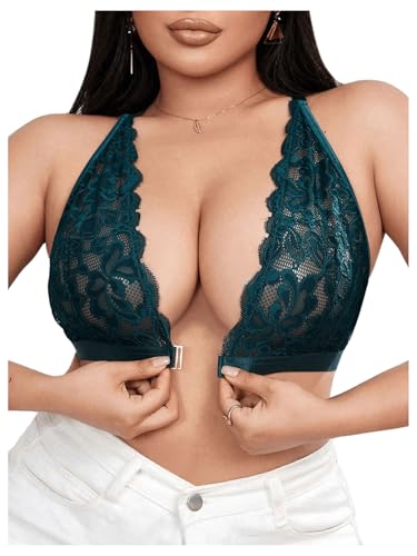 MakeMeChic Womens Plus Size Lace Bralette Front Closure Bras Wireless Deep V Triangle Sexy Lace Bra Dark Green XX-Large Plus