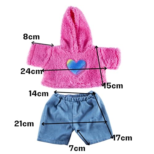 Splodge Teddy Parties - Kapuzenpullover mit pelzigem Herz und Jeans-Outfit - Teddybär-Kleidung - Größe: 40 cm, passend für Build a Bear, Rose