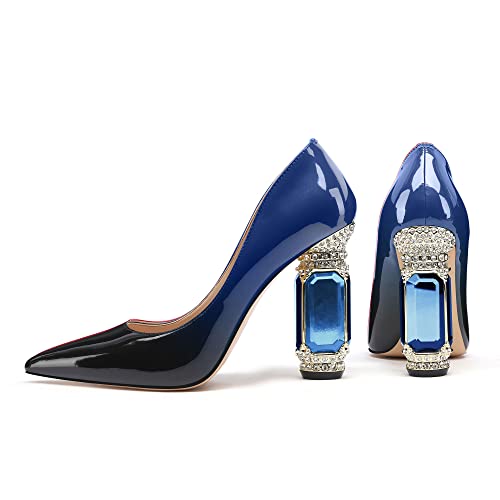 Image of JANSEVEN Women Chunky Heels Pumps Crystal Block Heels with Rhinestones Pointed Toe Sexy Gradient Patent Leather Slip on Bridal Party Wedding Dress Shoes 5-13 M US