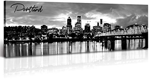 Image of DJSYLIFE Portland Skyline Canvas Print Wall Art,Cityscape Decor 13.8 inchx47.3 inch | Modern City Landscape Wall Art, USA Skyscraper, Panoramic Night View Painting, Office Living Room Home Decor, Ready to Hang