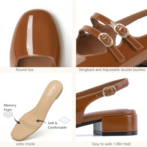Image of Mostrin Mary Jane Shoes Women Slingback Chunky Low Heels for Women Closed Rounded Toe Ankle Strap Pumps Daily Wedding Party Dress Shoes