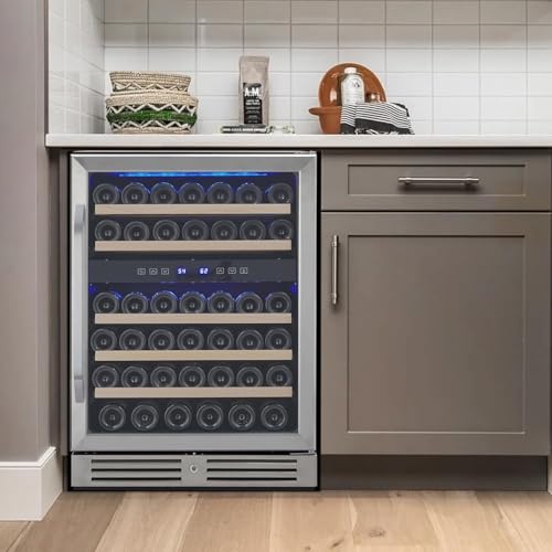 Image of GarveeTech 46 Bottle Built-in Wine Cooler, 24 Inch Single Zone Dual Temp Metal Wine Fridge, Under Counter or Standalone, Touch Control, Quiet, for Red White Champagne, Black