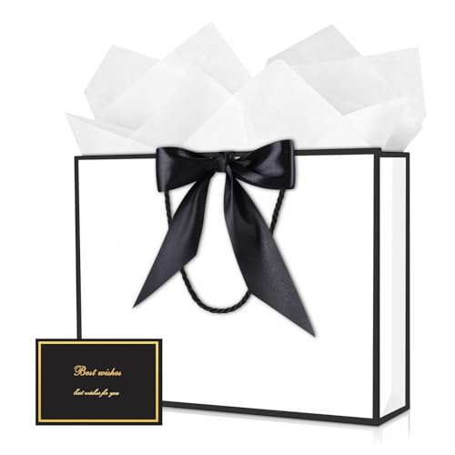 Image of JMANNI Gift Bags with Handles, 13 inch Medium Gift Bag for Presents, 1 Pcs Bags with 2 Tissue Paper and 1 Cards for Graduation Baby Shower Wedding Fathers Day Mother's Day Birthday Party（white-black）