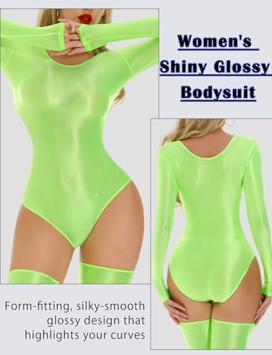 Panegy Glanzende metalen body met lange mouwen voor dames, gymnastiek- en danspakje, eendelig olie-glanzend, Rood, M