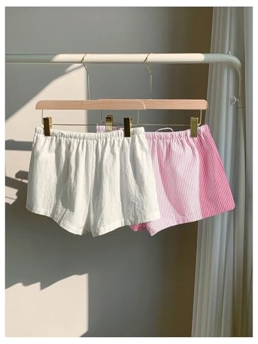 Image of MakeMeChic Women's 2 Pack Linen Shorts Striped Gingham Summer Beach Pajama Boxer Shorts