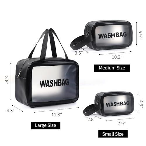 Travel Wash Toiletry Bag for Women Men, Translucent Waterproof Makeup Cosmetic Bag Travel Organizer for Accessories, Toiletries,Set of 3,Black3