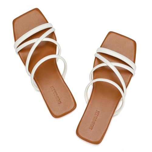 Image of Women's Flat Sandals Strappy Square Open Toe Slide Sandals Dressy Comfortable Wide Feet Friendly