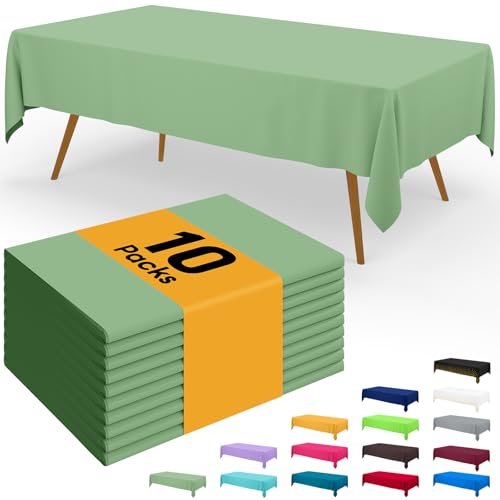 Image of Smiry Disposable Table Cloth - 10 Pack, 54 x 108 Inch Waterproof Rectangle Tablecloths for Parties, Decorative Plastic Table Cover, Leakproof & Sturdy, Sage Green