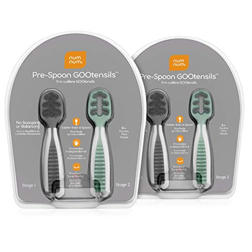 Image of NumNum Pre-Spoon GOOtensils | Baby Spoon Set (Stage 1 + Stage 2) | BPA Free Silicone Self Feeding Toddler Utensils | For Kids Ages 6 Months+, 2-Pack (Four Spoons), Storm Gray/Glacier Green