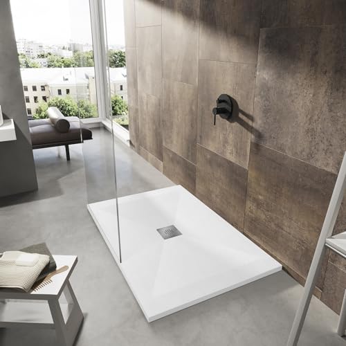 Plato de ducha blanco, fabricado en Italia, Luxury, en Mineralmarmo, Slim 3 cm, revestimiento de Gelcoat de 2 mm, masa completa y recortable, serie Milano, blanco