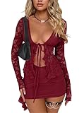 CSDAJIO 2 Piece Outfits for Women Floral Lace Open Front Tie Up Long Sleeve Crop Top Blouse Shirt and Mini Skirt Set Red Large