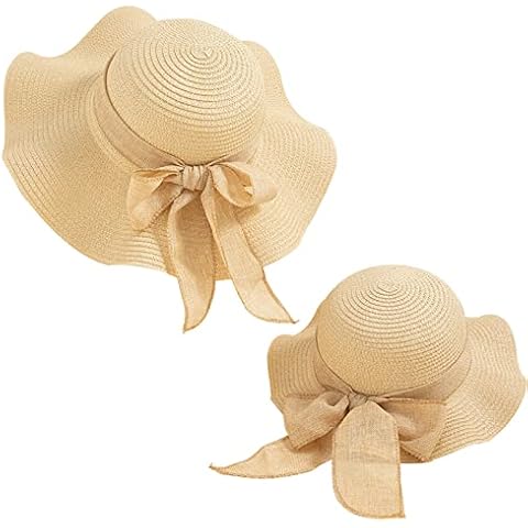Julerwoo 2 Pack Mother and me Straw Hat Girls Women's Bowknot Wave Brim Sun Hat (Wave Pricot) Cover
