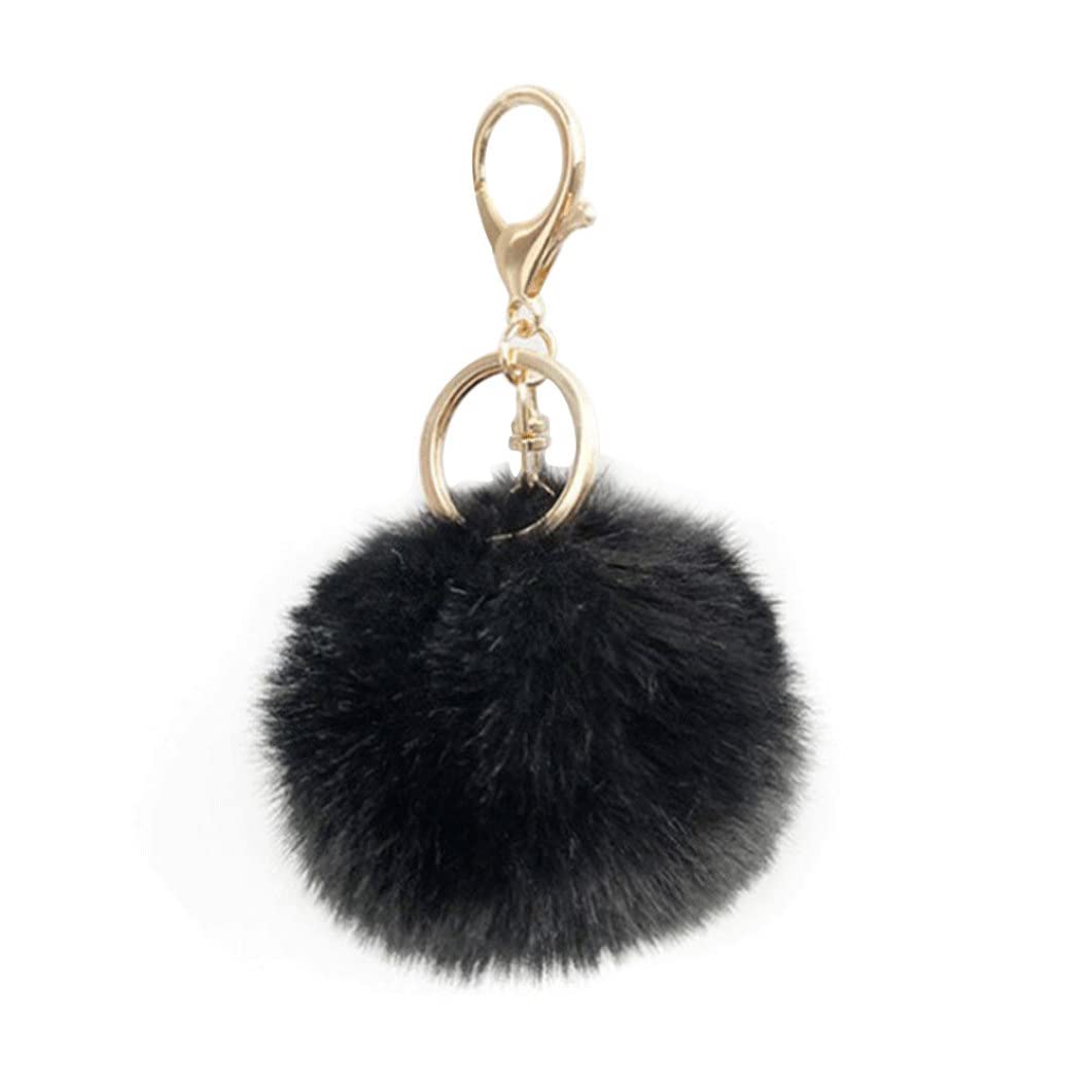 Ameble Pompom Keychain Ball Keyring Fluffy Plush Artificial Rabbit Fur Bags Backpacks Suitcase Pendant Accessories for Women Girls. Black