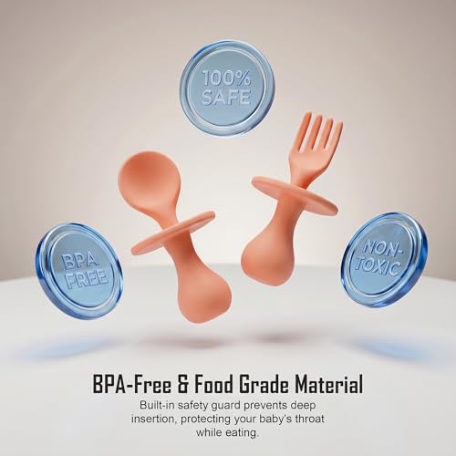 Image of Baybee 100% Silicone Baby Feeding Spoons Set of 2 | Bpa Free- Food Grade Soft Silicone Tip Spoon & Fork Self Feeding Utensil | Baby & Toddlers Gum Friendly Weaning Supplies for Kids 1 Months+ (Pink)
