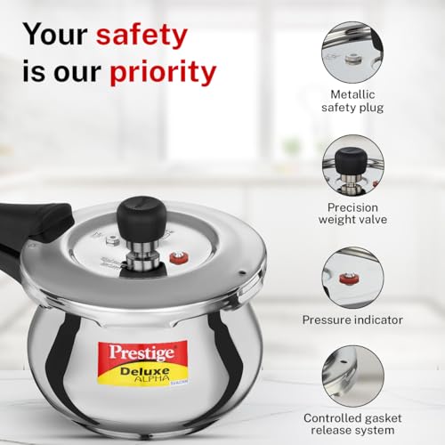 Prestige Deluxe Alpha Svachh Stainless Steel Pressure Cooker 1.5L With Glass Lid (With Deep Lid For Spillage Control )