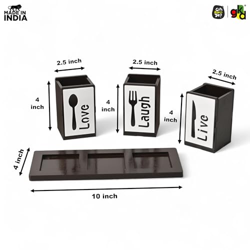 Image of GKD Wooden Spoon Holder for Kitchen Counter, 3 Section Cutlery Stand Organizer for Spoon Knife Fork, MDF Wood Utensil Holder with Base for Dining Table & Kitchen (Made in India) (Love Laugh)