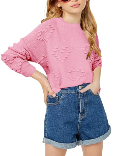 Haloumoning Mädchen Pullover Rundhals Liebe Herz Print Niedlich Pulli Einfarbige Übergröße Strickpullover,Rosa,11-12Jahre