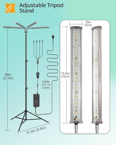DOMMIA Grow Light with Stand, 100W Grow Lights for Indoor Plants Full Spectrum (3 Modes),6/10/14/18h Plant Lamp, Dimmable Floor Grow Lamp with 15-105 Inch Adjustable Tripod Stand