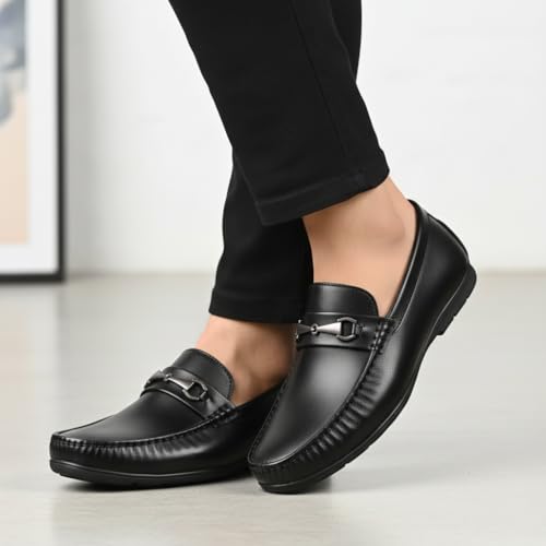 Image of Men's Black Formal Loafers with Metal Buckle | Slip-On Office & Business Wear Shoes for Men