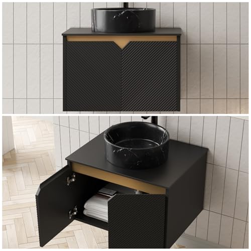 Image of 24 inch Bathroom Vanity with Sink, Wall-Mounted Bathroom Vanity with Black Round Ceramic Vessel Basin, Modern Plywood Floating Vanity with Twill Double Doors, Bathroom Storage Cabinet, Black