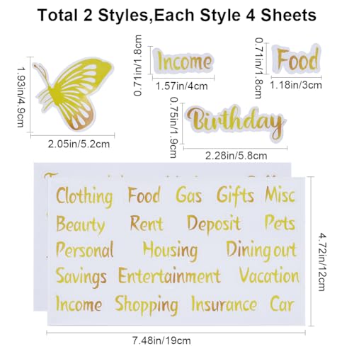 GORGECRAFT 8 Sheets Budget List Binder Labels Vinyl Decals Cash Envelope Budget Category Gold Stickers Butterfly Pattern Binder Label for Finance Planner Wallet Money Bill Coupon Organizer - Image 2