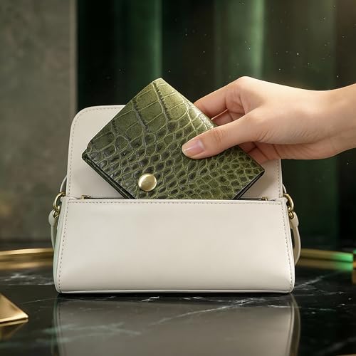Image of STRUTT Croc Textured Genuine Leather Batua Wallet for Men & Women | Handcrafted Green Leather Cash & Card Holder | Snap Button Closure | Compact Ethnic Money Pouch
