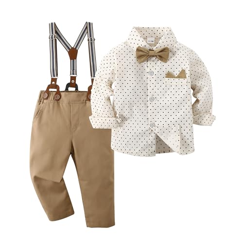 Image of Boarnseorl Baby Boys Pants Sets,Toddler Gentleman Outfits, Infant Long Sleeve Shirt + Pants + Bow Tie + Suspenders