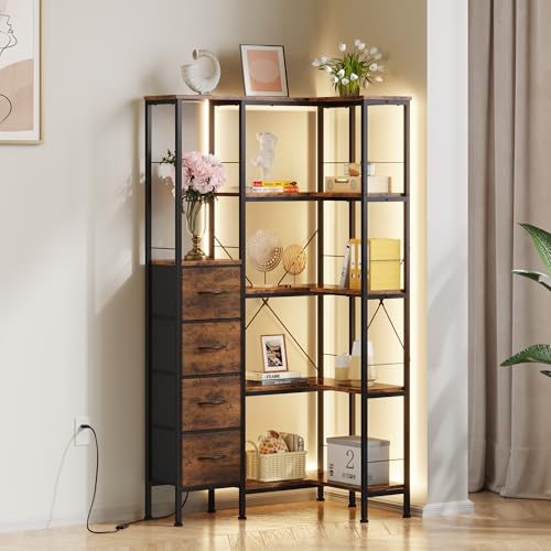 OYRREU 5 Ebenen Eckregal Stehend mit LED-Beleuchtung und 4 Schubladen, Regal, Bücherregal, küchenregal, Regale, Eckschrank, für Wohnzimmer Schlafzimmer Büro Küche, Vintagebraun