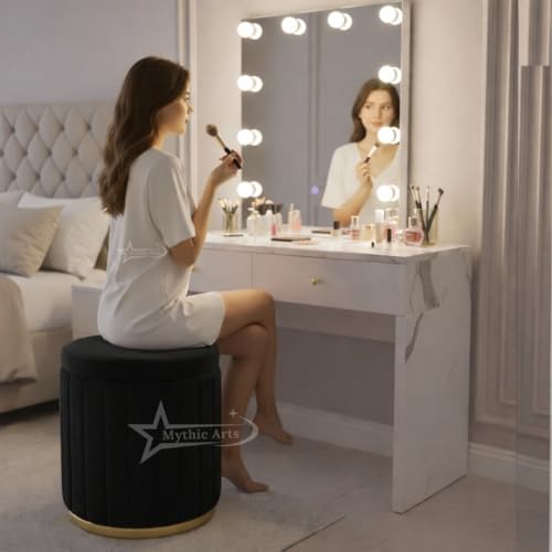 Image of Round Strip Stool with Cushion Foot Rest Office Stool Pouf Ottoman Padded Seat in Living Room - Black