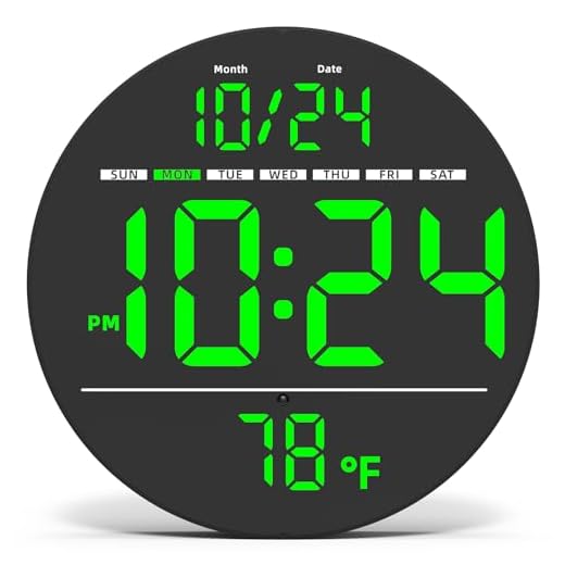 Digital Wall Clock with Large LED Display, Date, Temperature, Auto-Brightness | Small [PLUG-IN] Clock | Modern Electric Wall Clock for Bedroom, Classroom, Living Room, Home, Office, Farmhouse – Green