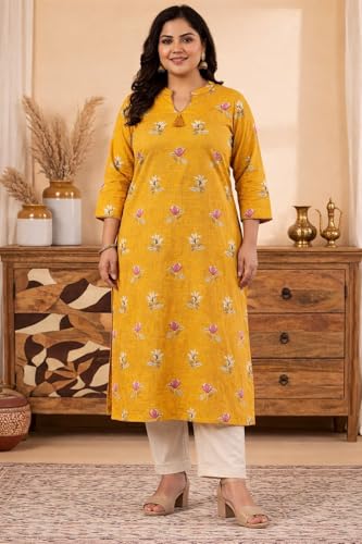 Image of Mustard Yellow Pure Cotton Floral Printed Straight Kurti for Women | Comfortable Ethnic Kurta | 3 /4 Sleeve Round Neck Plus Size Kurti