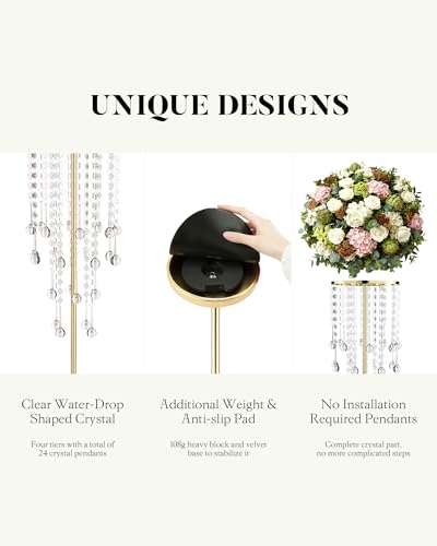 AURABEE 12 Pcs Tall Gold Crystal Wedding Centerpieces for Tables - 29.53" Tall Flower Stand for Wedding with Crystal Gold Vases for Centerpieces - 108g Weighted Base (Bases para Centros De Mesa) — view 4