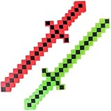 24 Inches, Pack of 2, Led Flashing & Sound Light Up, Classic Diamond Pixel 8 Bit Toy Sword, Green & Red
