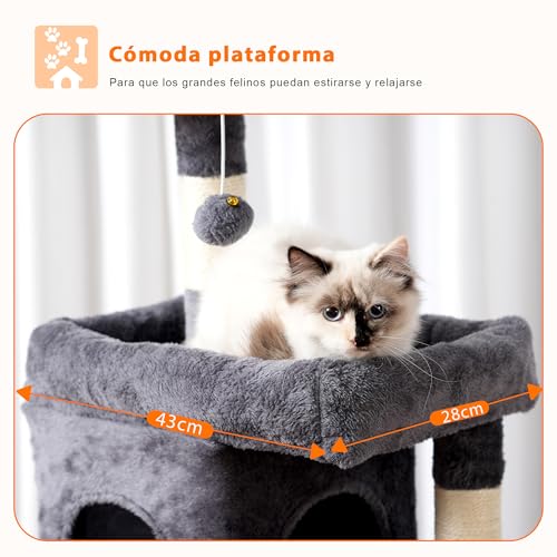Heybly Cat Tree, Wielopoziomowa Wieża Do Drapania O Wysokości 145 cm, wyposażona w 2 Duże Platformy, 1 Duży Hamak, Kosz Dla Kota, Zabawki w kształcie Piłek i Kuwety Dla Kotów, Szary Dym HCT016G