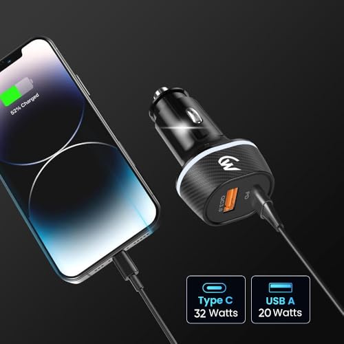 Image of 32W+20W Fast Car Charger with Dual Output (32W Type C PD & 20W USB-A QC3.0) Compatible with All Cars Smartphones & Tablets (Black)