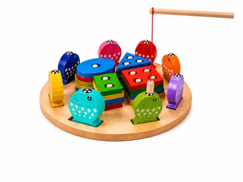 2 in 1 Montessori Wooden Fishing Game & Shape Sorting Stacking Toy for Toddlers, Educational Learning Toy, Color Recognition,Fine Motor Skills,Gift for Boys & Girls, 36 Months+