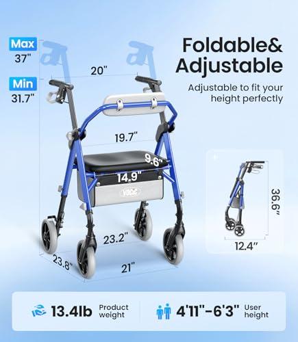 Image of VOCIC Z12 Walker for Seniors with Seat, 13.4 LBS Ultra Light, 350 LBS | Ergo Seat & Backrest for Comfort, Height Adjustable & Easily Foldable for Seniors, All Terrain Wheels, Silver