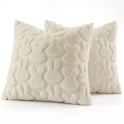 Image of decorUhome Easter Bunny Pillow Covers 16x16 Inch Set of 2, Soft Plush Faux Wool Jacquard Beige Rabbit Cushion Covers, Farmhouse Neutral Spring Easter Holiday Decor for Couch Sofa Bed