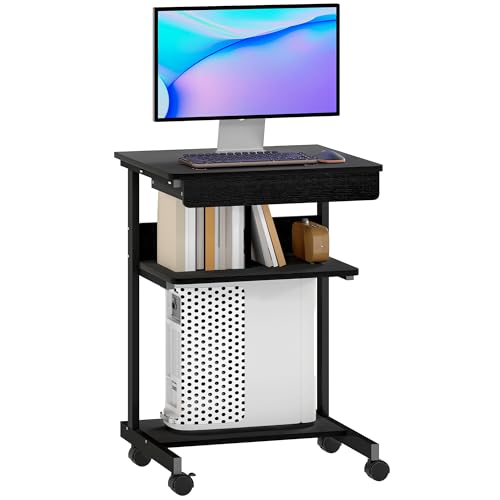 HOMCOM Scrivania Tavolo per Computer, Scrivania da Ufficio con Cassetto e 4 Rotelle, 56x51 cm Tavolo per PC con 2 Ripiani Aperti, Postazione di Lavoro con Supporto CPU per Studio, Nero