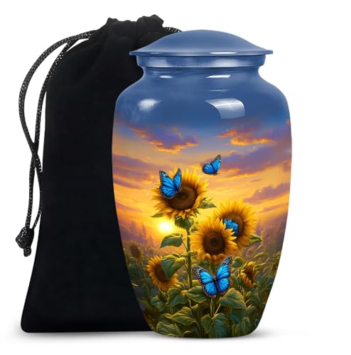 Image of Sunflower with Butterfly Urn for Human Ashes Adult Male and Female - Funeral Urns for Human Ashes Adult - Sunset Yellow Sunflower Urn for Mom and Dad - Cremation Urns for Men 10inch