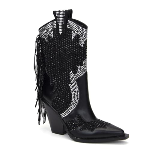 Feinlina Women's Pointed Toe Chunky Heel Mid Wide Calf Boots Rhinestone Western Cowboy Boots With Tassel
