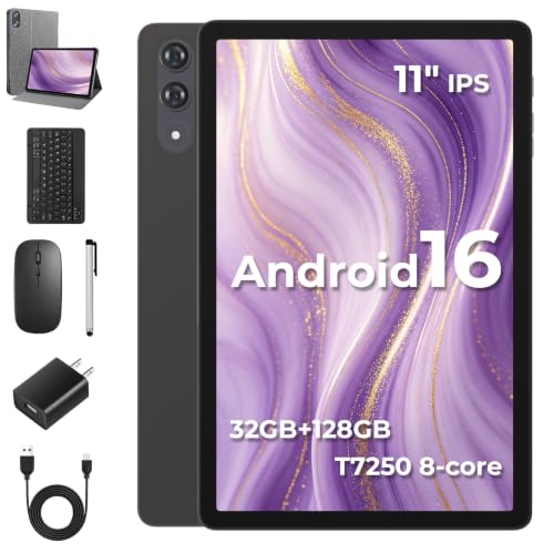 Image of Tablet 11 Inch, Android 16 Tablet with Keyboard for Work & Study | Octa T7250, 32GB+128GB, 8000mAh & Fast Charge, 1920P IPS, 8+16MP Camera, with Case, Mouse & Stylus, WiFi+BT5.0, Widevine L1