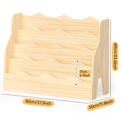 Image of Kids Bookshelf Montessori Wooden Bookcase 4 Tier Front-Facing Organizer | Effortless Assembly; Front-Facing Design for Independence; Child-Friendly Height; Holds 60-80 Books; Sturdy Construction