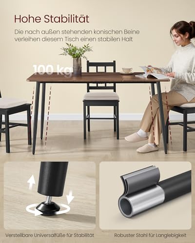 VASAGLE Esstisch, Esszimmertisch, Küchentisch, für 4-6 Personen, Landhausstil, hitzebeständige Oberfläche, einfache Montage, 75 x 140 x 75 cm, naturwalnussfarben-tintenschwarz KDT100K02