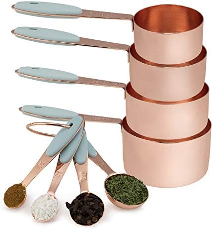Cook with Color 8 Piece Copper Measuring Cups and Measuring Spoon Set Stainless Steel with Soft Touch Silicone Handles, Nesting Liquid Measuring Cup Set or Dry Measuring Cups Set (Mint)